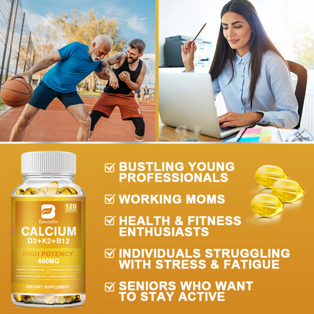 Beworths 4-In-1 Calcium 600Mg with Vitamin D3 K2 B12 Capsules for Bone Strength, Heart Health & Immune Support, 120 Capsules