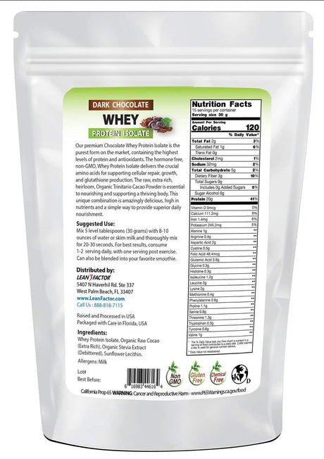 Dark Chocolate Whey Protein Powder - Low Carb - Keto & Paleo Diet Friendly - Whey Isolate + Organic Cacao + Organic Stevia - All Natural, Non GMO, & Gluten Free - 1 Lb