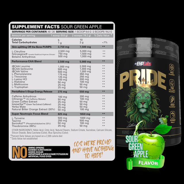 Ehplabs Pride Pre Workout Powder Energy Supplement - Sugar Free Preworkout for Men & Women, Energy Powder Boost Drink with BCAA - 280Mg of Caffeine - Sour Green Apple (40 Servings)