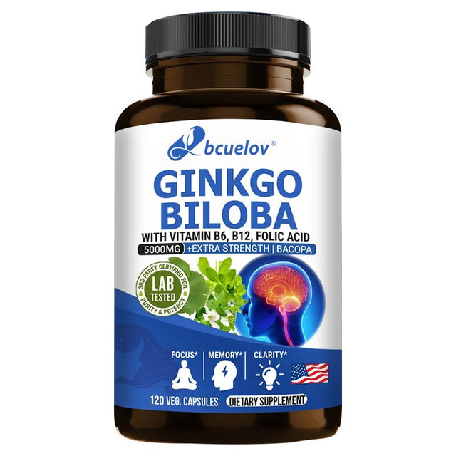 Ginkgo Biloba Supplement - with Vitamins B6 B12 - Standardized Extract 24% Ginkgo Flavonoid Glucosides 6% Terpene Lactones - Brain Memory Mental Clarity Alertness Energy Mood-60Capsules