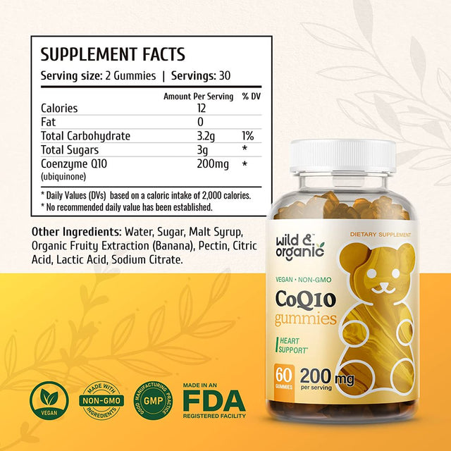 Wild & Organic Coq10 200Mg Gummies - Coenzyme Q10 Boost Energy & Heart Support, 60 Banana-Flavored Chews