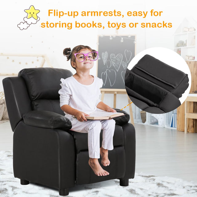 Deluxe Padded Kids Sofa Armchair Recliner Headrest Children W/ Storage Arm Black