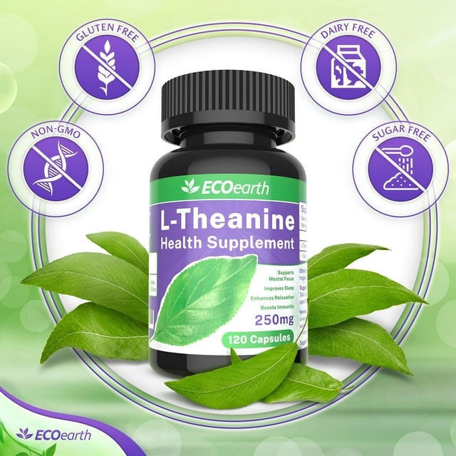 L-Theanine 250 Mg 120 Capsules, Supplement Support for Anxiety, Focus, Sleep by Ecoearth