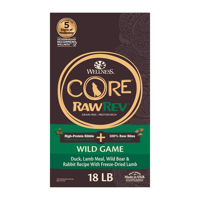 Wellness CORE Rawrev Natural Grain Free Dry Dog Food, Wild Game Duck, Wild Boar & Rabbit with Freeze Dried Lamb, 18-Pound Bag