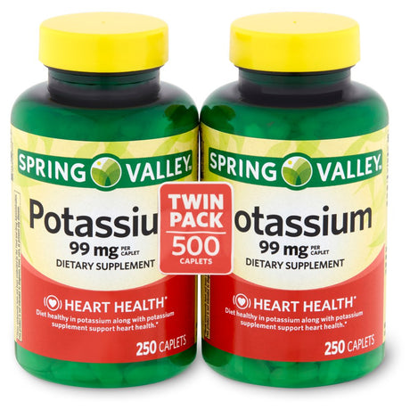 Spring Valley Potassium Heart Health Dietary Supplement Caplets Twin Pack, 99 Mg, 500 Count