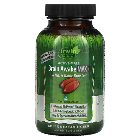 Irwin Naturals, Brain Awake Max 3 + Nitric Oxide Booster, 60 Liquid Soft-Gels