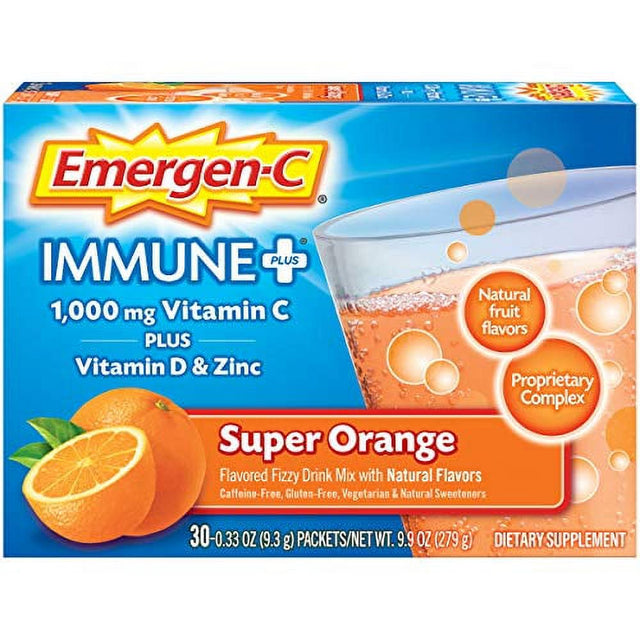 Emergen-C Immune+ 1000Mg Vitamin C Powder, with Vitamin D, Zinc, Antioxidants and Electrolytes for Immunity, Immune Support Dietary Supplement, Super Orange Flavor - 30 Count/1 Month Supply