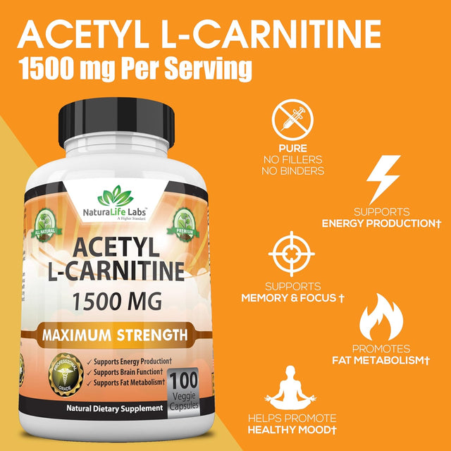 Acetyl L-Carnitine 1,500 Mg High Potency Supports Natural Energy Production, Sports Nutrition, Supports Memory/Focus - 100 Veggie Capsules