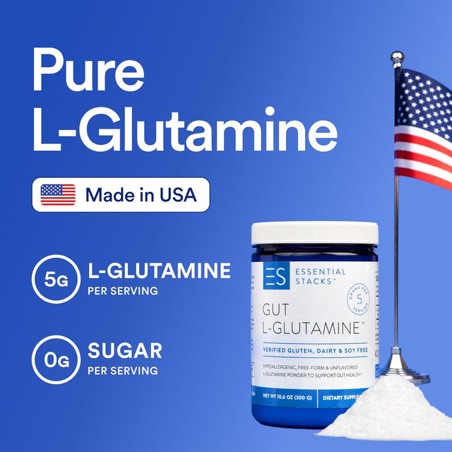 Essential Stacks Gut L-Glutamine Powder - Made in USA - Pure L Glutamine Powder for Leaky Gut, Bloating & Gut Health - Dairy, Soy & Gluten Free, Non-Gmo, Vegan Glutamine Supplement