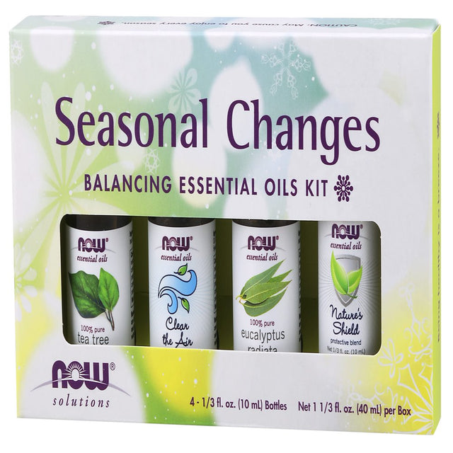 NOW Essential Oils, Seasonal Changes Balancing Aromatherapy Kit, 4X10Ml Including Tea Tree, Eucalyptus Radiata, Clear the Air and Nature’S Shield Oil Blend with Child Resistant Caps