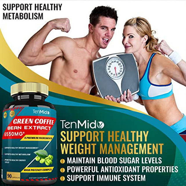 Tenmid Green Coffee Bean Extract 6550Mg 90 Capsules Garcinia, Olive, Green Tea, Kidney, Pepper