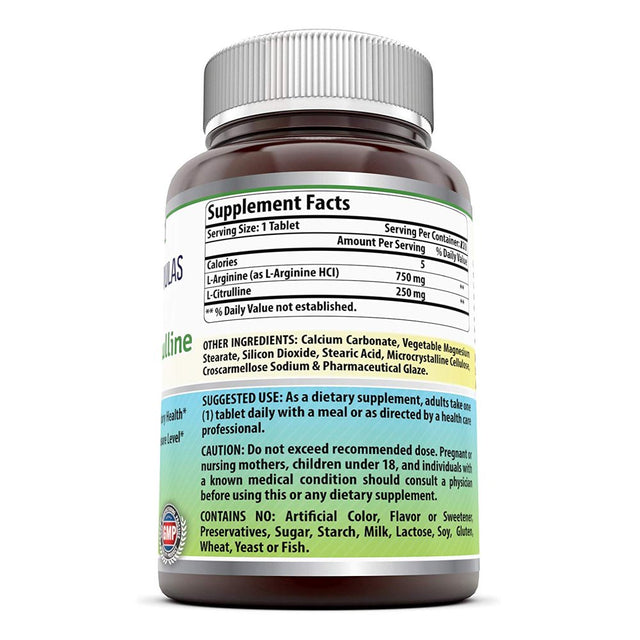 Amazing Nutrition L-Arginine/L-Citrulline Complex 1000 Mg Combines Two Amino Acids with Potential Health Benefits Supports Energy Production Ads (120 Tablets) (Non-Gmo,Gluten Free)