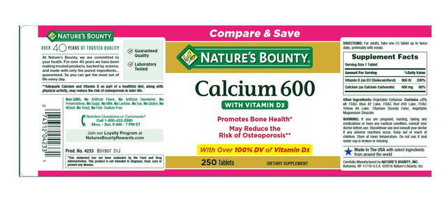 Nature'S Bounty Calcium 600 with Vitamin D3 Tablets 250 Tablets