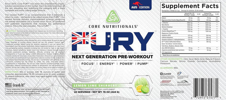 Core Nutritionals Fury Platinum Pre Workout Intensifier with 375Mg Caffeine, 5G Creatine Monohydrate, 6G L-Citruline for Maximum Pump, Power, Focus and Energy, 20 Servings, Lemon Lime Sherbert