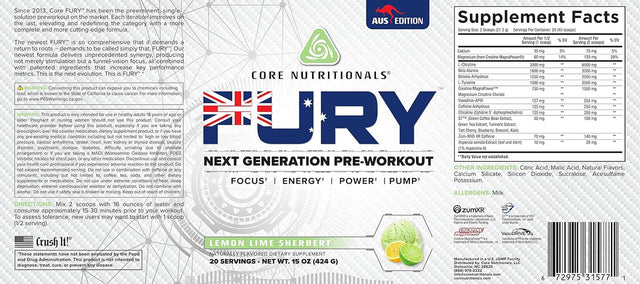 Core Nutritionals Fury Platinum Pre Workout Intensifier with 375Mg Caffeine, 5G Creatine Monohydrate, 6G L-Citruline for Maximum Pump, Power, Focus and Energy, 20 Servings, Lemon Lime Sherbert