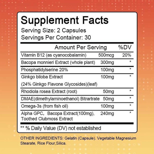 Brain Booster Nootropic Supplement Support Focus Energy Memory & Clarity 60-Capsule