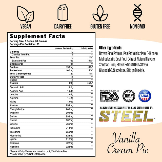 Steel Supplements Veg-Pro | Vegan Protein Powder, Vanilla Cream Pie | 25 Servings (1.65Lbs) | BCAA Amino Acid | Gluten Free | Non Dairy | Low Carb Formula