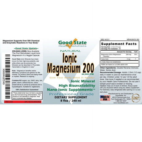 Good State Liquid Ionic Minerals - Magnesium 200 - (96 Servings at 200 Mg Elemental) (8 Fl Oz)