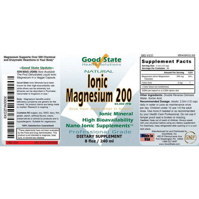 Good State Liquid Ionic Minerals - Magnesium 200 - (96 Servings at 200 Mg Elemental) (8 Fl Oz)