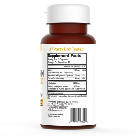 NATURAL STACKS Serotonin Brain Food W/ L-Tryptophan & Rhodiola Rosea - Mood Support Supplement - Promotes Positive Mood, Calmness, Stress Relief - Happy Mood & Brain Support Supplement - 60 Capsules