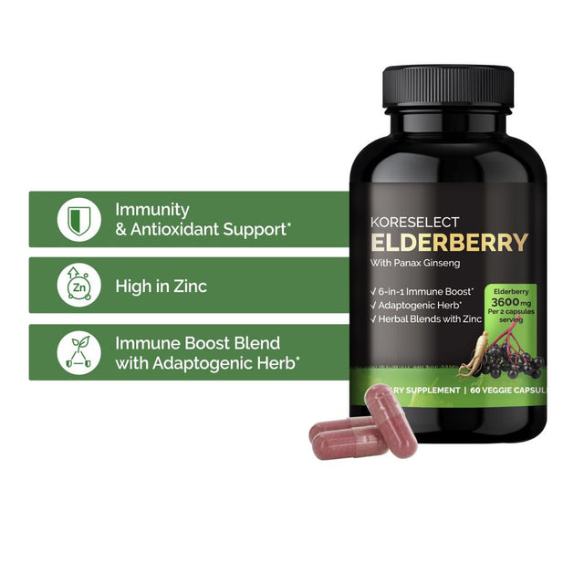 KORESELECT Elderberry Capsules with Panax Ginseng - Immune Support, 6-In1 Herbal Blend with Zinc, Ginger, Echinacea, Reishi Mushrooms - 60 Capsules