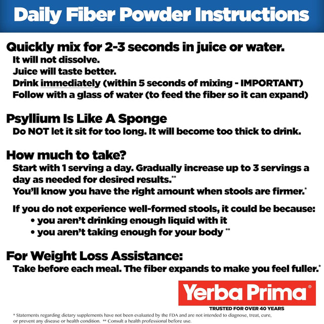 Yerba Prima Daily Fiber Formula - 20 Oz Powder - Unflavored, Concentrated Blend of Soluble/Insoluble, Psyllium Seed Husks, Acacia Gum, Apple Fiber for Bulk - Dietary Bulking Supplement - Regularity