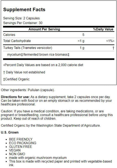 Turkey Tail - Immune Support & Prebiotic with Organic Mushrooms (60 Vegetarian Capsules)