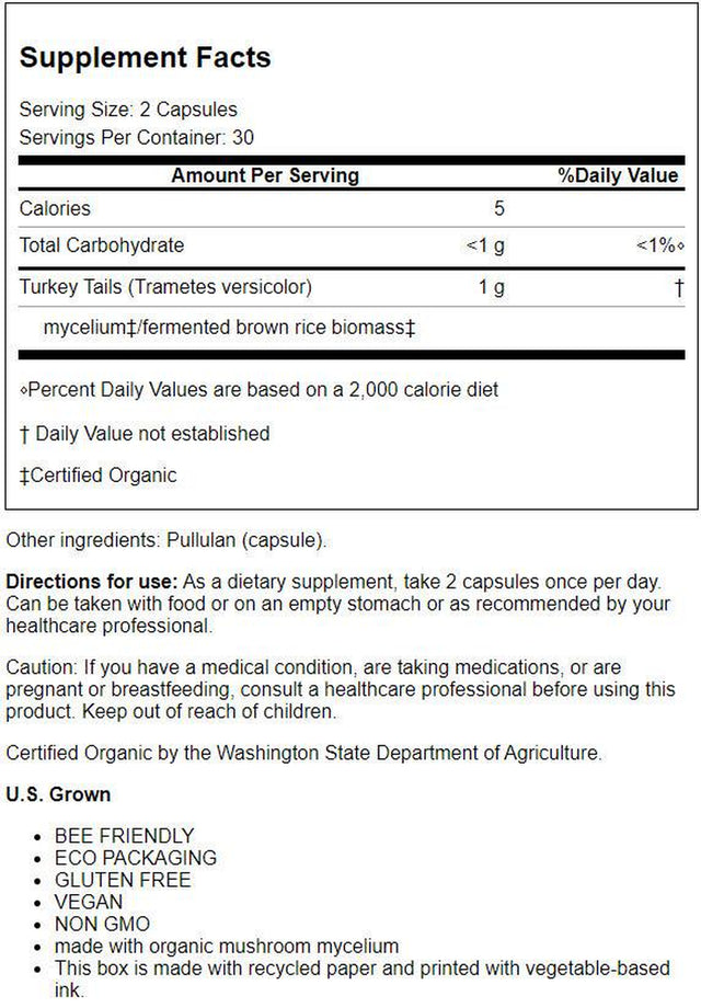 Turkey Tail - Immune Support & Prebiotic with Organic Mushrooms (60 Vegetarian Capsules)