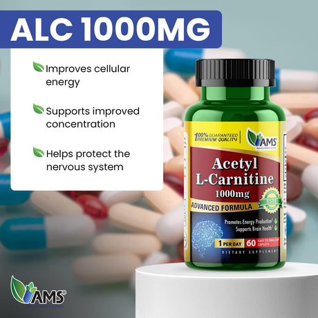 America Medic & Science Acetyl L-Carnitine 1000Mg (60 Tablets) | Dietary Supplement for Men and Women | Promotes Energy Production | Supports Brain Health | Helps Improve Memory and Focus