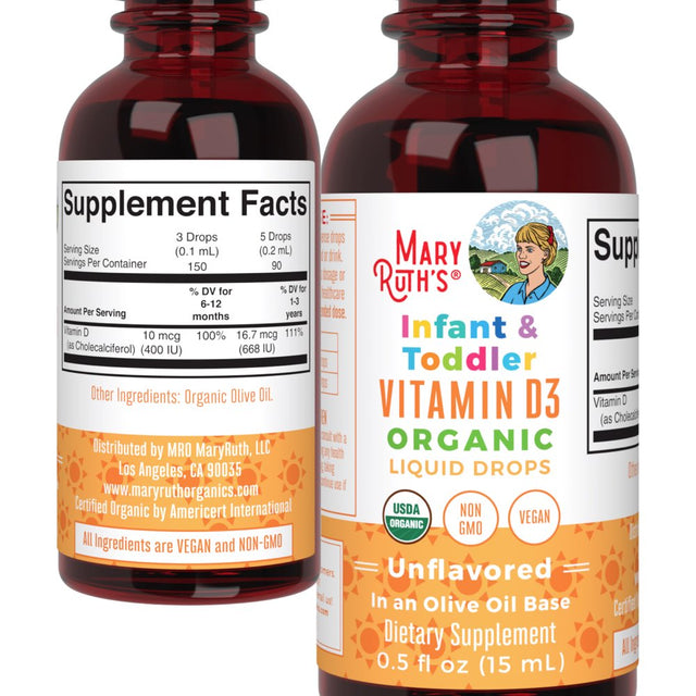 Maryruth Organics | Organic Infant and Toddler Vitamin D3 Liquid Drops | Vegan, Gluten Free, Non-Gmo | 90-150 Servings