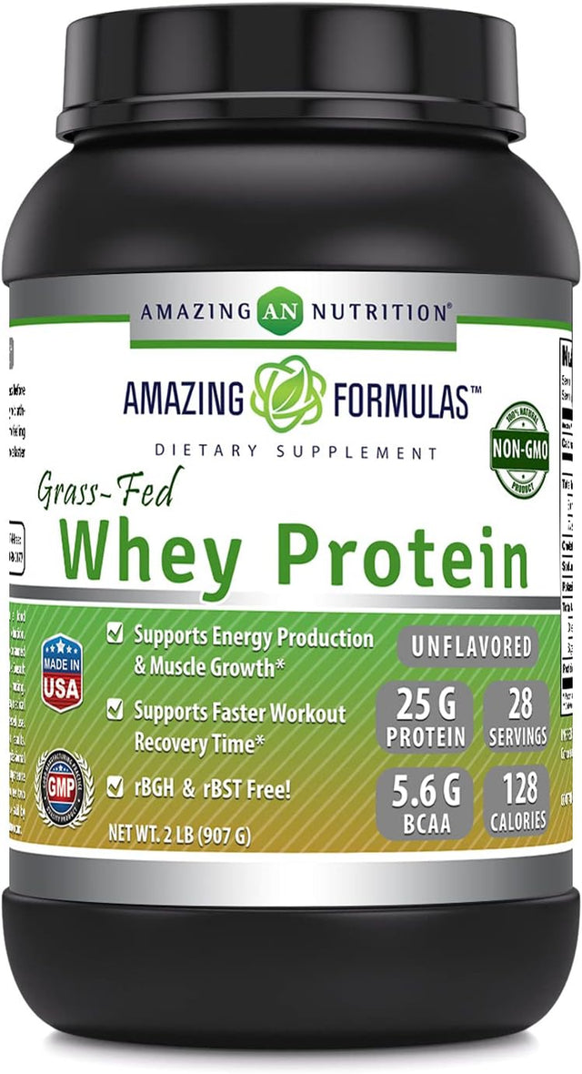 Amazing Formulas Grass FED Whey Protein (Non-Gmo, Gluten Free) -Made with Natural Sweetener and Flavor - Rbgh & RBST Free -Supports Energy Production & Muscle Growth (Unflavored, 2 Lb)