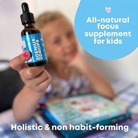 Genius Drops Brain Supplement for Kids - Kids Focus and Attention Supplements Support Healthy Brain Function - Organic Kids Focus and Attention Drops - Ginkgo Biloba for Kids Focus Supplement for Kids