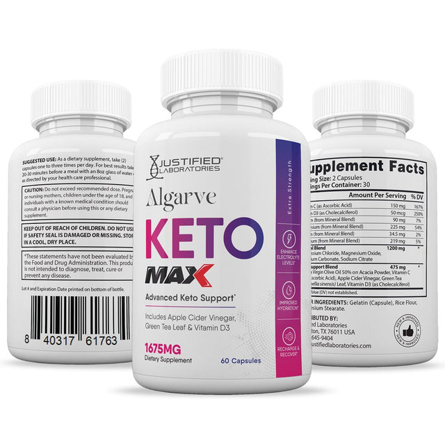 (3 Pack) Justified Laboratories Algarve Keto ACV MAX Pills 1675Mg Dietary Supplement 180 Capsules