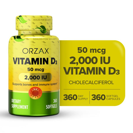 ORZAX Vitamin D3 2000 Iu Softgels, 360 Days Supply, 125 Mcg Vitamin D3, 360 Mini Softgels