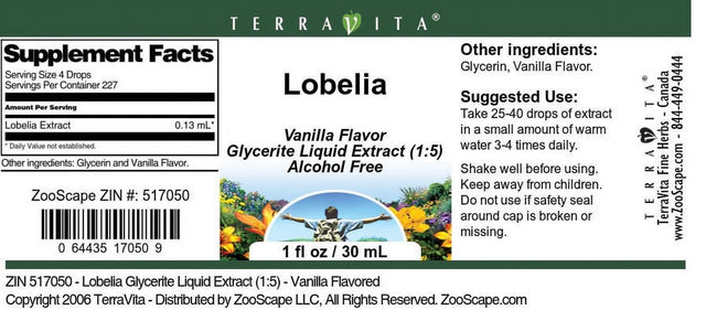 Terravita Lobelia Glycerite Liquid Extract (1:5) - Vanilla Flavored, (Vanilla, 1 Oz, 1-Pack, Zin: 517050)