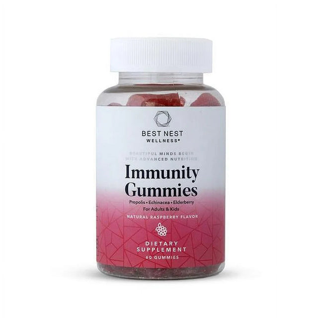 Best Nest Immunity Gummies with Propolis, Echinacea, Elderberry, Vitamin C, Daily Vitamins for Women, Men, Kids, Family, Boost Immune Support and Health, Raspberry Flavor, 60 Ct