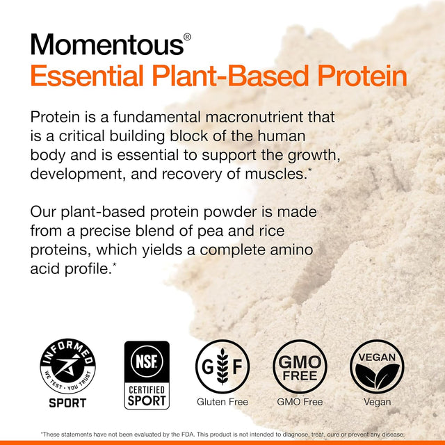 Momentous Essential Plant-Based Pea and Rice Protein Powder, Vegan, Gluten-Free, Non-Gmo, NSF Certified, All Day Essential Use Protein Powder for Men and Women (Chocolate, Bag)