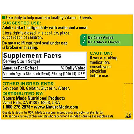 Nature Made Vitamin D3, 300 Softgels, Vitamin D 1000 IU (25 Mcg) Helps Support Immune Health, Strong Bones and Teeth, & Muscle Function, 125% of the Daily Value for Vitamin D in One Daily Softgel