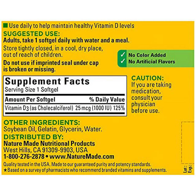 Nature Made Vitamin D3, 300 Softgels, Vitamin D 1000 IU (25 Mcg) Helps Support Immune Health, Strong Bones and Teeth, & Muscle Function, 125% of the Daily Value for Vitamin D in One Daily Softgel