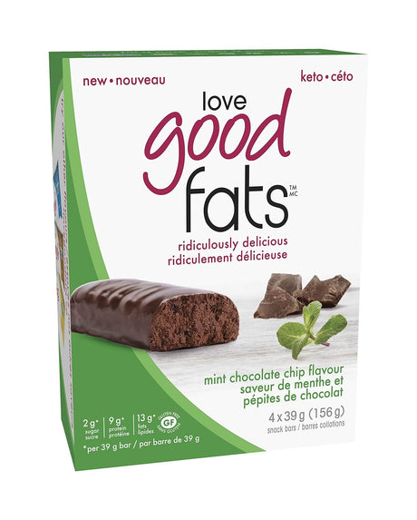 Love Good Fats - Mint Chocolate Chip - High Fat Keto Snacks Keto - Low Carb Keto Bars Perfect for Keto Diets - Gluten Free & Non GMO - 4 Bars