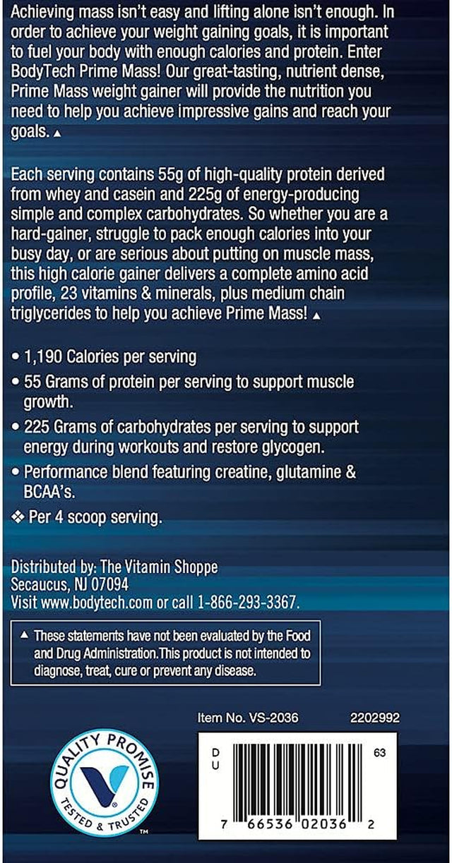 BODYTECH Prime Mass - High Protein Weight Gainer - with 55 Grams of Protein per Serving to Support Muscle Growth - Performance Blend of Creatine, Glutamine & Bcaa'S - Fruity Cereal (6 Pound)