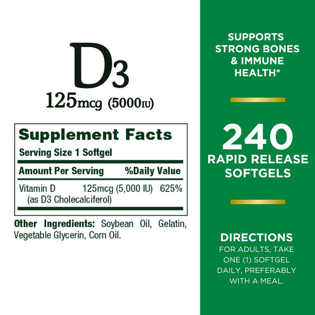 Nature’S Bounty Vitamin D3 5000 IU Softgels for Bone & Immune Support, 240 Ct