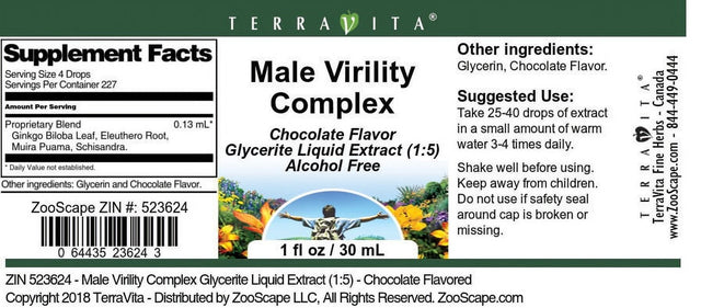 Terravita Male Virility Complex Glycerite Liquid Extract (1:5) - Chocolate Flavored, (Chocolate, 1 Oz, 1-Pack, Zin: 523624)