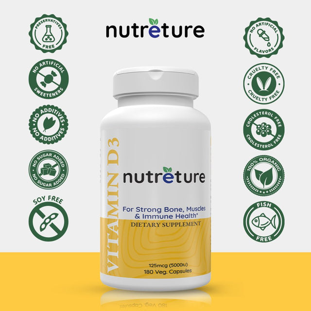 NUTRETURE Vitamin D3 5000 Iu 180 Capsules for Healthy Bones, Teeth, Heart and Immune Support | D3 Vitamin D 5000 Iu Supplements | Vitamina D Supplement | VIT D3 for Men and Women