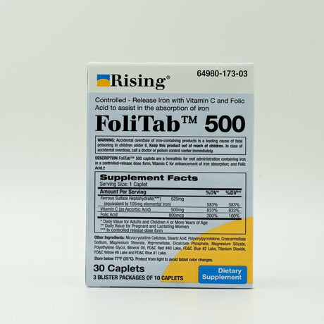 Rising Pharma - Folitab 500 - Elemental Iron with Vitamin C and Folic Acid - 30 Caplets - Helps with Iron Deficiency