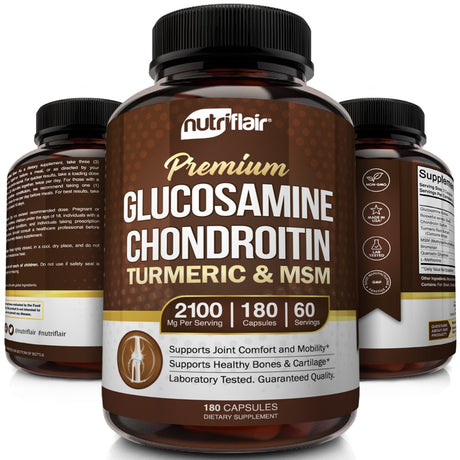 Nutriflair Glucosamine Chondroitin Turmeric MSM Boswellia Supplement, 180 Capsules - Natural & Non-Gmo - Antioxidant Pills - for Back, Knees, Hands, Joints, Cartilage