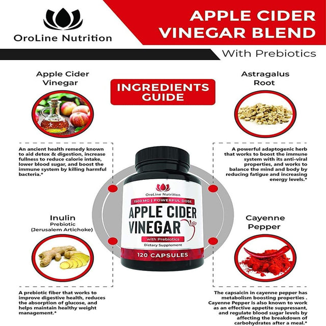 Organic Apple Cider Vinegar Capsules (120 Capsules | 1500 Mg) with Prebiotics | Apple Cider Vinegar Pills | Fiber Supplement for Immune Support & Gut Health