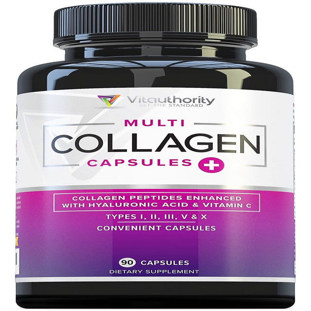 Vitauthority Multi Collagen Pills for Women & Men - Hydrolyzed Collagen Peptides with Vitamin C and Hyaluronic Acid 90Ct