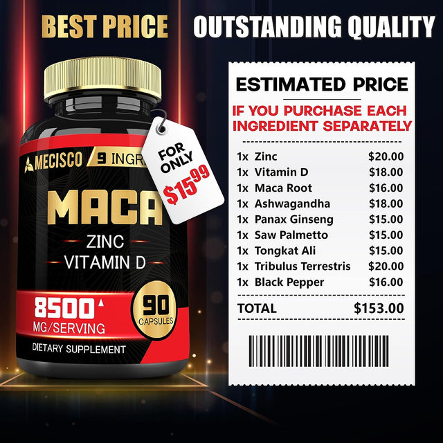 Maca Capsules - 9In1 Equivalent 8500Mg Blended with Zn, Vitamind, Ashwagandha, Ginseng, Saw Palmetto, Tongkat Ali & More - Muscle Growth, Endurance & Energy Support - 90 Count - 3 Month Supply