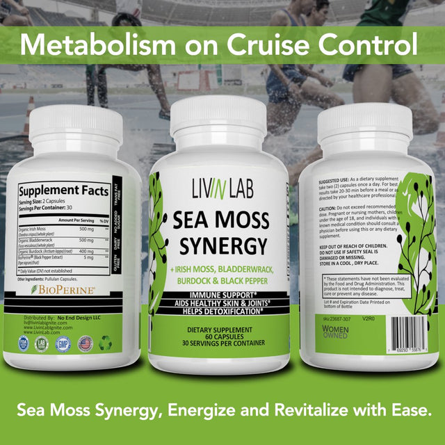 Livin Lab Sea Moss Synergy - Organic Irish Moss, Burdock Root, and Bladderwrack Capsules - Immune System, Gut Cleanse & Thyroid Supplement - All-Natural Sea Moss Powder